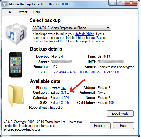 iPhone Backup Extractor main window